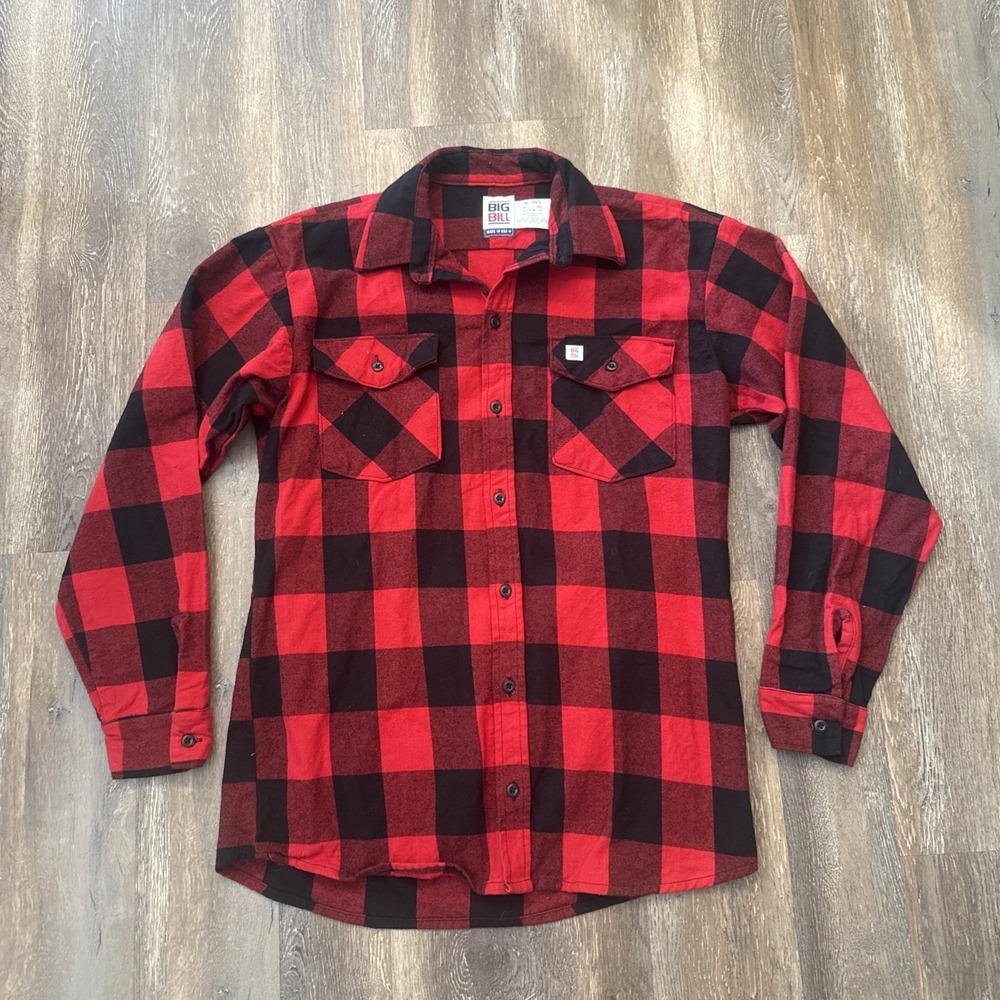 Big Bill Mens M Red Black Buffalo Plaid Work Shirt Made USA Heavy Flannel Cotton